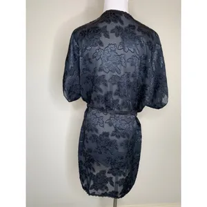 Vintage Black Satin Robe Floral Semisheer Fabric Sz Medium Dressing Gown thumbnail 3