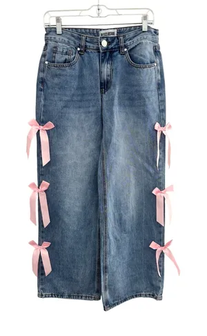 Disclosure‎ Pink Bow Wide Leg Jeans Coquette Denim 5/27 Girly Scandi Girl Party thumbnail 1