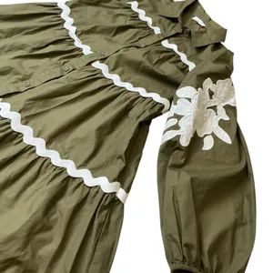 Olive Green Cotton Tiered Mini Dress Floral Embroidery‎ Ric Rac ID17203 Womens thumbnail 9