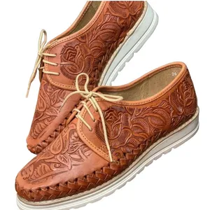 Handmade Mexican Floral Tooled Leather Huarache Oxfords Tan Sz 6 Comfort Travel thumbnail 1
