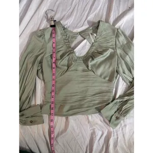 Anthropologie Sage Green Pleated Satin Open Back Blouse XXS Balloon Sleeve thumbnail 6