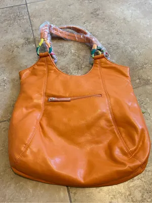 Orange Leather Shoulder Bag with Colorful Scarf Accent thumbnail 3