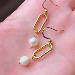 Handmade gold tone stainless steel natural shell pearls chic fairy boho vintage style dangle earrings💖 thumbnail 6