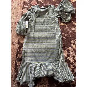LuLaRoe Carly Dress XXS Green Grey Striped Bell Sleeve Ruffle Hem New With Tags thumbnail 4