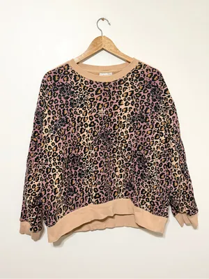 Adidas Crewneck Leopard Animal Print Sweatshirt Beige Pink Size Medium Cheetah thumbnail 2