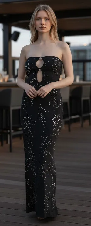 White Fox Black Silver Sequin Strapless Maxi Dress Cutout Going Out One Size thumbnail 1