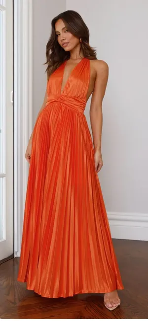 Hello Molly Womens Shimmering Sea Pleated Halter Resortwear Maxi Dress Orange 4‎ thumbnail 1
