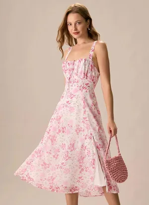 RIHOAS The Pink Square Neck Floral Ruched Midi Dress 15 thumbnail 1