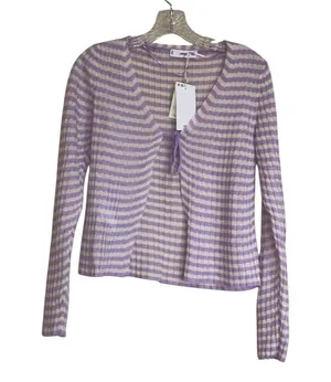 Mango NWT KNITTED CROPPED CARDIGAN STRIPED PURPLE WHITE LIGHTWEIGHT TIE DETAIL thumbnail 10