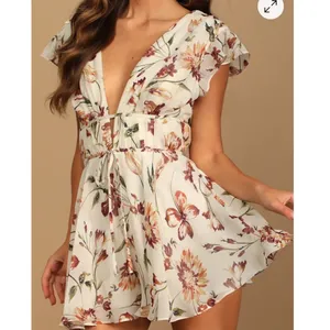 Lulus Flirty Ways Cream Floral Print Flutter Sleeve Romper thumbnail 2