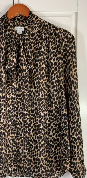 J. Crew Leopard Print Bow Neck‎ Long Sleeve Secretary Blouse Women's Size Small thumbnail 1