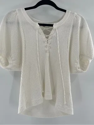 Free People Ivory Lace-Up Ribbed Short Sleeve Top thumbnail 2