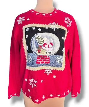 Vintage Y2K Tiara International Santa‎ Snow Globe Red Christmas Holiday Sweater thumbnail 1