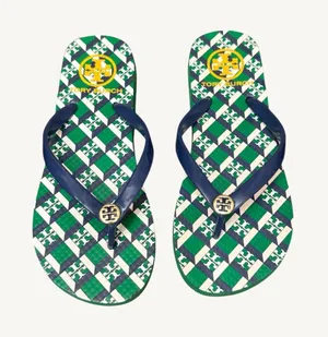 Tory Burch Green, Navy & White Check Logo Flip Flops Size 5 NWOT thumbnail 1