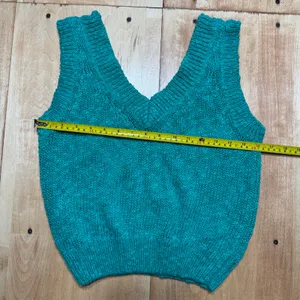 Illustrations Vintage Teal Chunky Knit V-Neck Sweater‎ Vest Ramie Cotton Small thumbnail 1