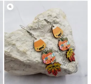 GOBBLE Pumpkin & Maple Leaves Wood Earrings thumbnail 2