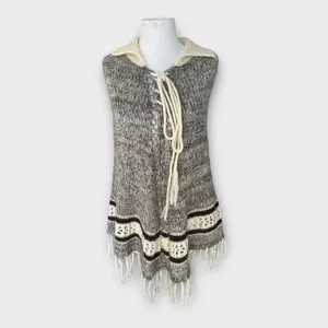 Vintage 70s Knitted Poncho MKM Designs Tie & Collar Medium Retro Boho Hippie thumbnail 9