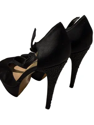 H by Halston Black Satin Peep-Toe Platform Heels Ankle Straps with rhinestones thumbnail 4