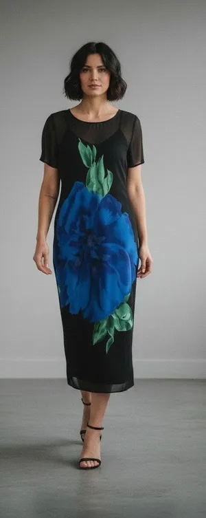 Vintage 90s Jeffrey & Dara Floral Maxi Dress Black with Blue Flower Large thumbnail 1