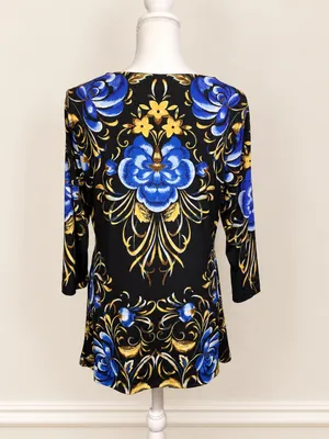 JM Collection Floral Rhinestone Keyhole Tunic Top M Black Blue Gold Floral Glam thumbnail 5