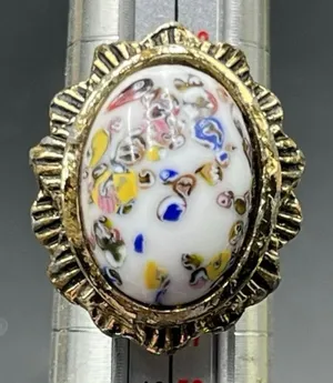 White Milk Art Glass Cabochon Adjustable Ring Vtg Gold Tone Size 7 thumbnail 1