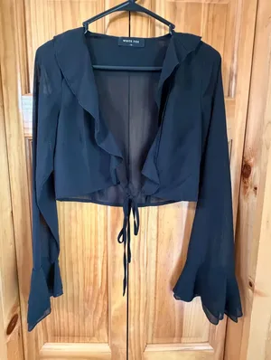 WHITE FOX BOUTIQUE Black Sheer Ruffle Crop Top Long Bell Sleeve Tie Front S NWOT thumbnail 1