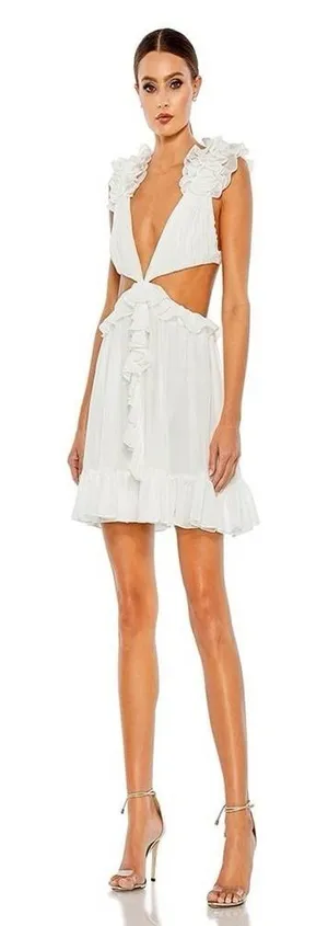Mac‎ Duggal 55688 Chiffon White Cut-Out Waist Ruffle Mini Dress Size 6 MSRP $348 thumbnail 1