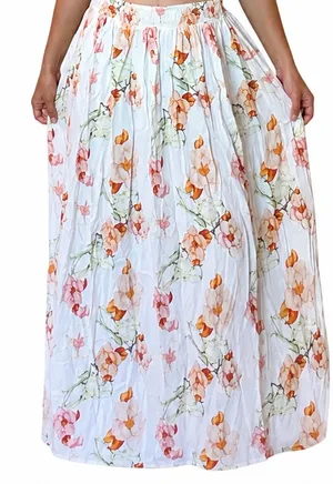 White Floral Maxi Skirt with Peach & Pink Blooms thumbnail 1