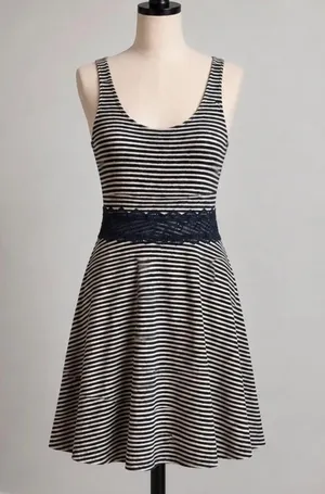 Abercrombie & Fitch Striped Fit & Flare Dress Lace Waist Navy Grey thumbnail 1