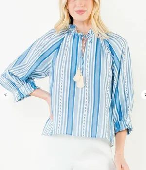 THML Thalia Blue & White Striped Tie-Neck Blouse Coastal Prep Boho Flair thumbnail 1