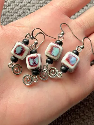 Handmade ceramic swirl chic boho retro vintage style dangle earrings💙 thumbnail 7