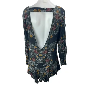 Free People Smooth Talker Black Floral Open Back Long Sleeve Tunic Mini Dress L thumbnail 2