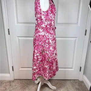 Pink Floral Linen Belted Midi Dress Sleeveless Summer Garden Party Resort Brunch thumbnail 3