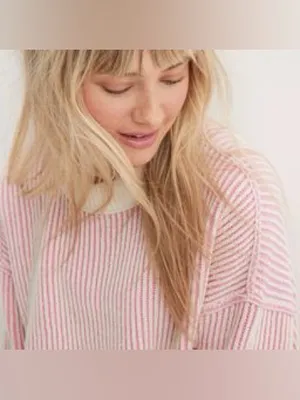 Aerie Beyond Chenille Pink & Cream White Sweater Ribbed Oversized Medium thumbnail 12