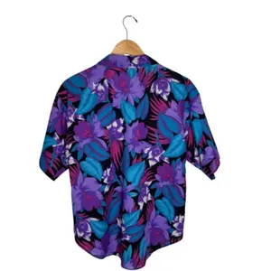 Caribou Button Up Hawaiian Size 12 Woman's Y2K Blue Purple Black Cotton Blend thumbnail 5