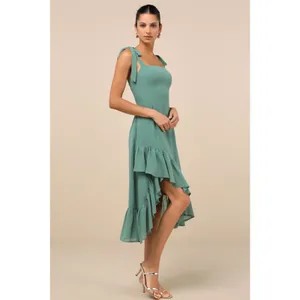 Lulus Tamryn Dark Sage Asymmetrical Ruffled Midi Dress Dance Bridesmaid Medium thumbnail 7