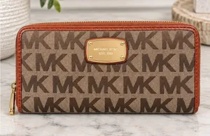 Michael Kors Jet Set Wallet Brown Monogram Canvas Orange Leather Zip Around thumbnail 1