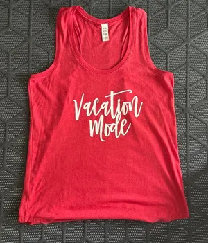 Red Tank Top with White Cursive Text Reading “Vacation Mode”, Men’s Size L thumbnail 1