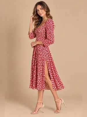 Reformation Red Ivory Floral Square Neck 3/4 Sleeve Midi Dress Size 0 Boho Style thumbnail 4