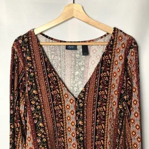 Daytrip Boho Button Down Floral V-Neck Flowy Long‎ Sleeve Top L thumbnail 3