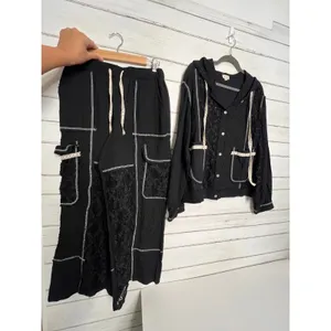 POL Black Lace Mixed Media Utility 2 Piece Matching Set Jacket Pants Small thumbnail 2