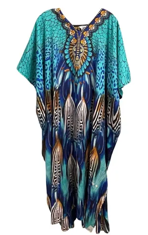 Winlar Kaftan Whimsical Feminine Flowy OSFM Blue Gold Colorful Vintage 90s thumbnail 1