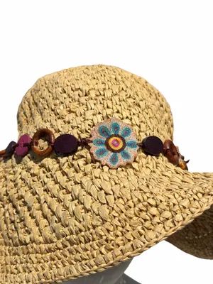 Lucky Brand Wide Brim Straw Hat One Size Floral Beaded Boho Sun Hat Festival thumbnail 2