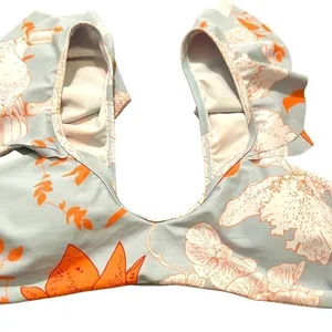 Womens Size Medium Bikini Top Light Blue White Orange Floral Birds Ruffle Straps thumbnail 4
