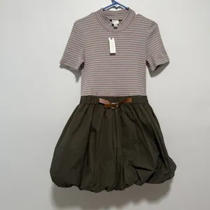 Maeve Anthropologie NWT Belted Twofer Striped Green Bubble Mini Dress‎ Medium thumbnail 4