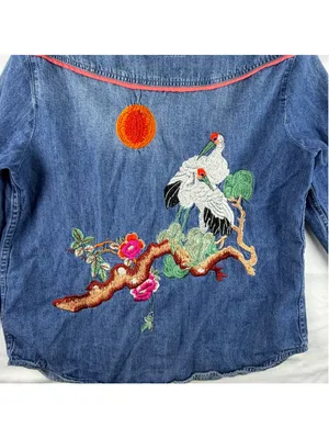 Holding Horses Anthropologie Denim Crane Embroidered Button Down Shirt Layering thumbnail 6