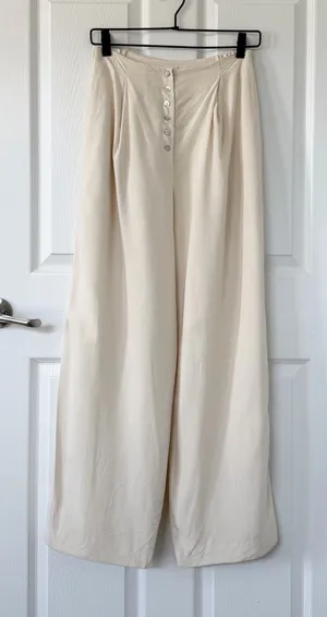 100% Silk High-Waist Wide Leg Lined Pants in Ivory with Mother of Pearl Buttons thumbnail 1