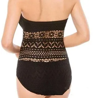 New Large Black Strapless Sheer Crochet One Piece Swim Suit with Button Detail thumbnail 4