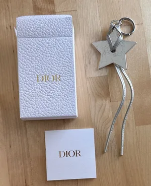 Christian Dior New Silver Star Keychain Bag Charm w/ Logo Gray Leather Tassel thumbnail 1