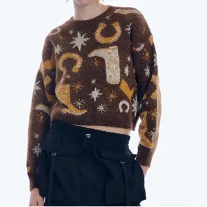 ZARA Western Cosmic Cowboy Boots Stars Jacquard Sweater Metallic Crewneck Small‎ thumbnail 5